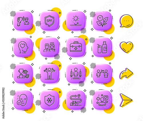 First aid, Health skin and Sun protection line icons. App 3d buttons. Social media comment, share, like icons. Pack of Dumbbells workout, Mental health, Spf protection icon. Vector