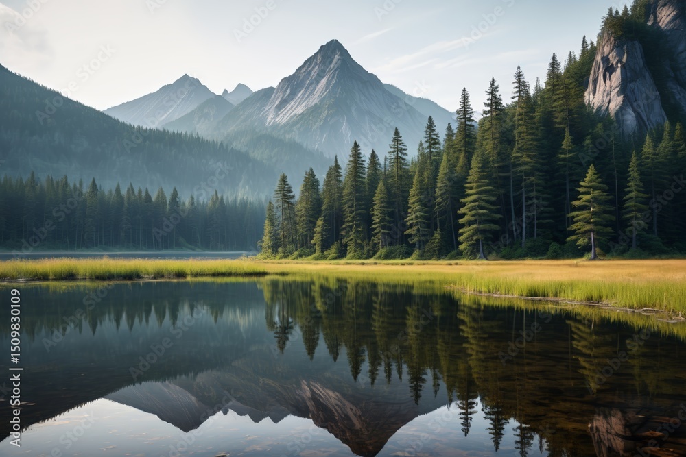 mountains reflected in a lake surrounded by trees and grass mountains reflected in a lake surrounded by trees and grass
