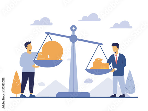 Businessmen Balancing Money and Assets on Scale – Concept of Financial Equality, Wealth Distribution, and Investment Decisions. Man saves money to buy private house,  vector and illustration.