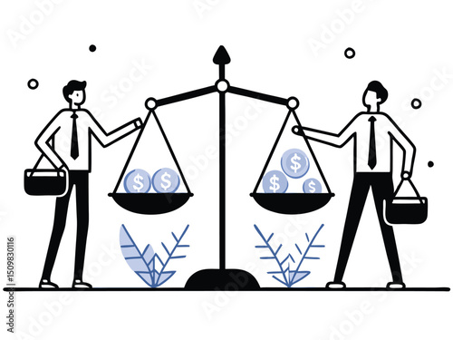 Businessmen Balancing Money and Assets on Scale – Concept of Financial Equality, Wealth Distribution, and Investment Decisions. Man saves money to buy private house,  vector and illustration.