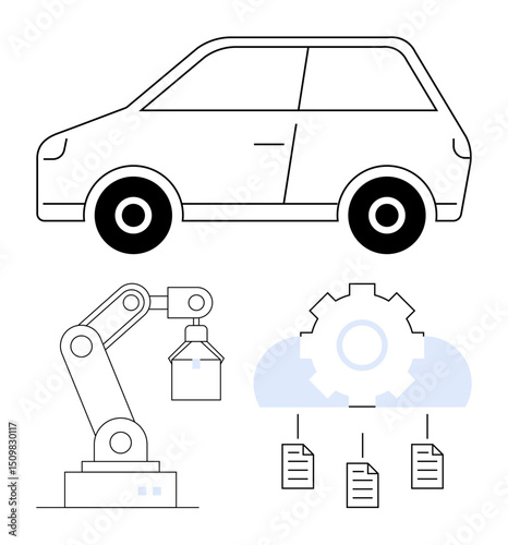 Car representing autonomous vehicles, robotic arm signifying automation, gear cloud symbolizing digital data flow with document sharing. Ideal for technology, AI, automation, industry 4.0, data
