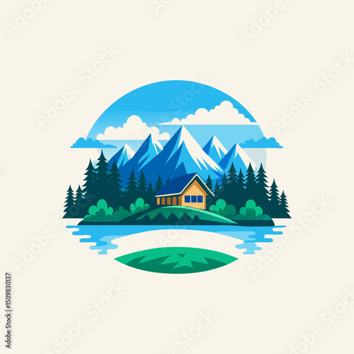 Mountain Landscape with Cabin and Lake