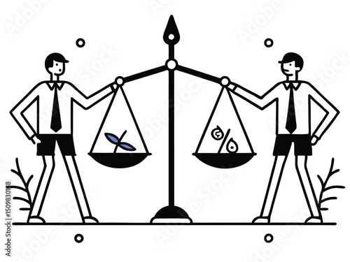 Businessmen Balancing Money and Assets on Scale – Concept of Financial Equality, Wealth Distribution, and Investment Decisions. Man saves money to buy private house,  vector and illustration.