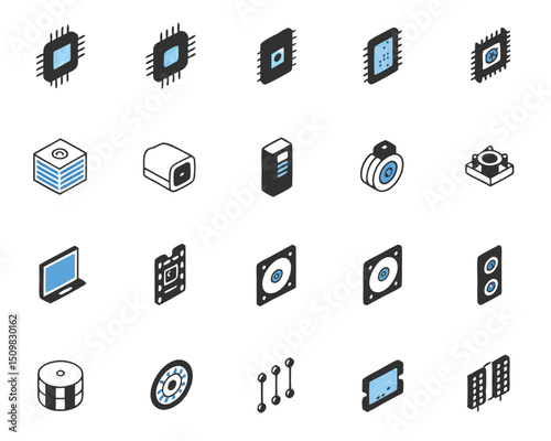 Isometric computer hardware components vector icons set for pc repair and tech industry design asset 100