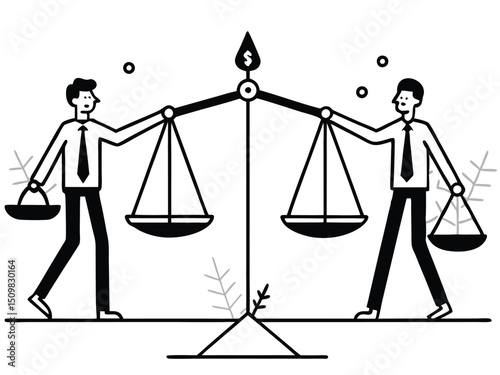 Businessmen Balancing Money and Assets on Scale – Concept of Financial Equality, Wealth Distribution, and Investment Decisions. Man saves money to buy private house,  vector and illustration.