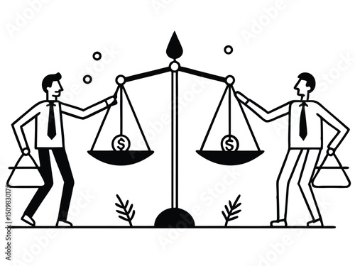 Businessmen Balancing Money and Assets on Scale – Concept of Financial Equality, Wealth Distribution, and Investment Decisions. Man saves money to buy private house,  vector and illustration.