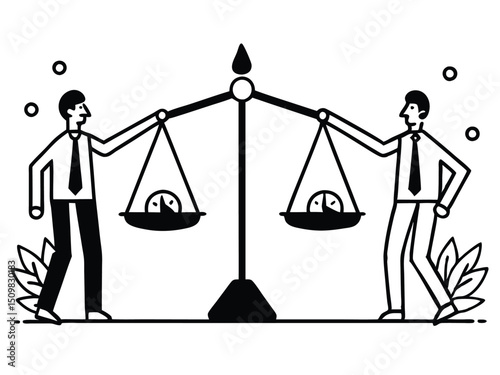 Businessmen Balancing Money and Assets on Scale – Concept of Financial Equality, Wealth Distribution, and Investment Decisions. Man saves money to buy private house,  vector and illustration.
