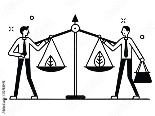 Businessmen Balancing Money and Assets on Scale – Concept of Financial Equality, Wealth Distribution, and Investment Decisions. Man saves money to buy private house,  vector and illustration.