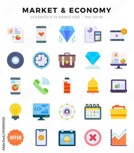 Market & Economy Icons Pack Flat Style. Vector illustration.