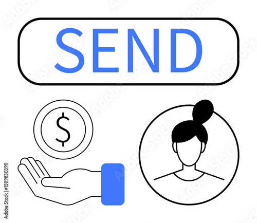 Hand holding coin, user profile, and large send button, representing secure online payment and financial transfers. Ideal for fintech, e-commerce, digital wallets, banking, peer-to-peer payments