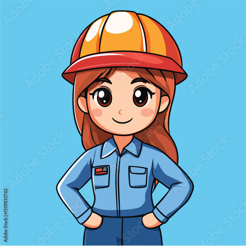 Confident Female Cartoon Engineer in Hard Hat and Overalls