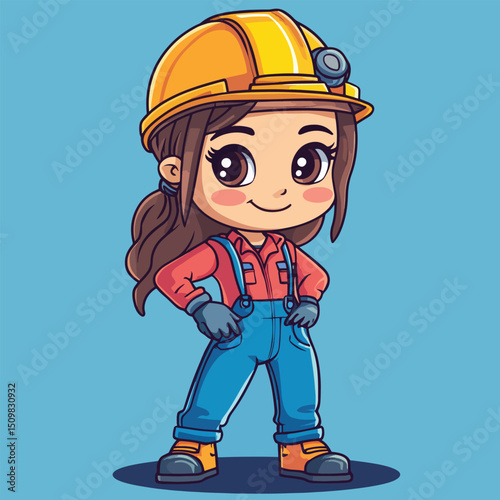 Confident Girl Engineer in Yellow Hard Hat and Blue Overalls