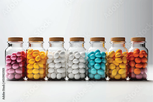 many glass vials with colorful capsules and pills  inside on light blue background