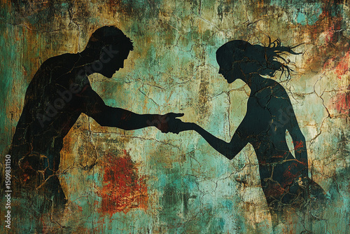 Silhouette of a man and woman reaching for each other s hands