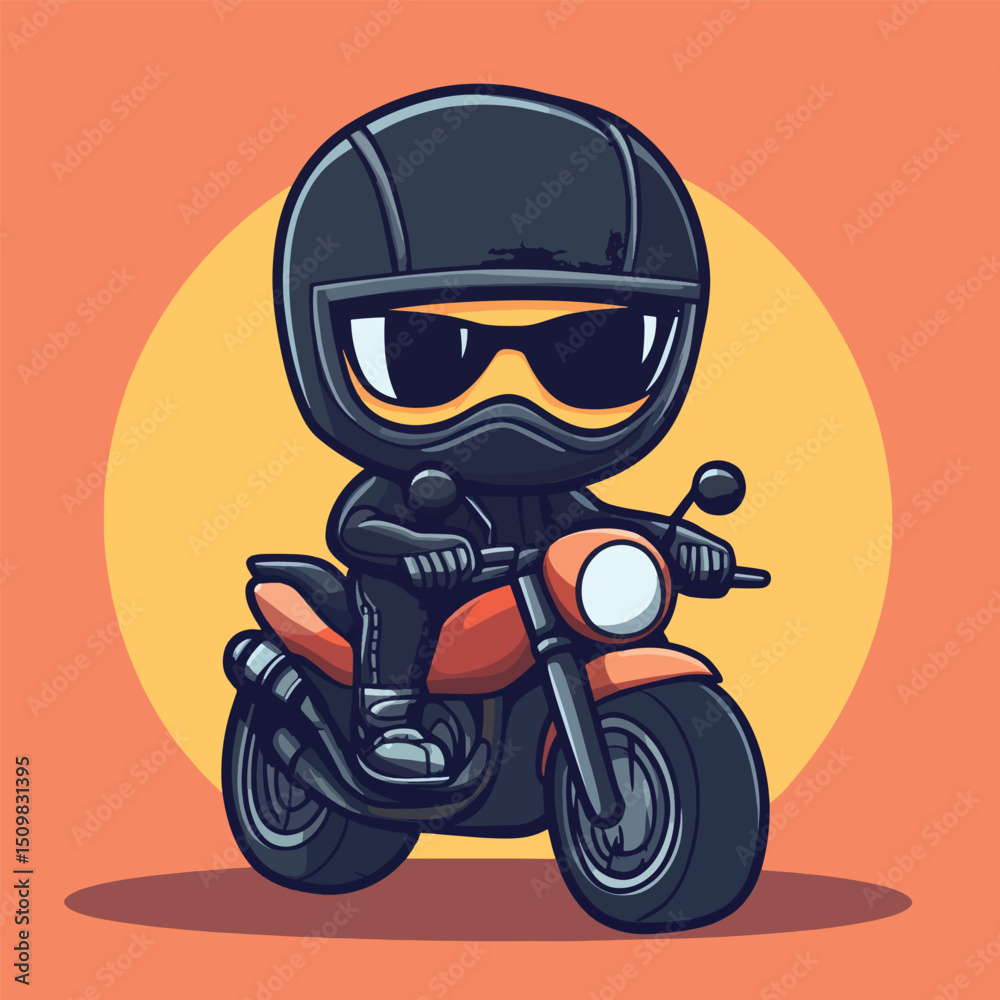 Obraz premium Cool Cartoon Motorcyclist in Sunglasses Riding Orange Motorcycle