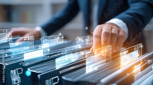 Businessman Organizing Digital Files in Modern Office Environment