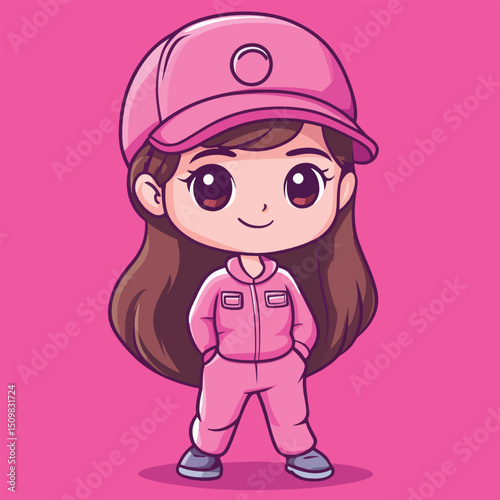 Cute Anime Girl in Pink Jumpsuit and Cap