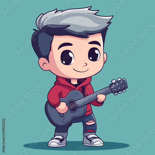 Cute Cartoon Boy Playing an Acoustic Guitar