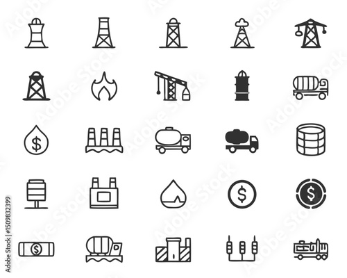 Oil and gas industry icons set vector illustration for energy production and petroleum business concept