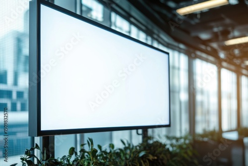 A large white screen with no content is displayed in a room