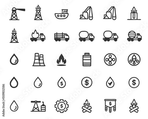 Oil and gas industry icons vector set energy production transportation and industrial equipment symbols collection