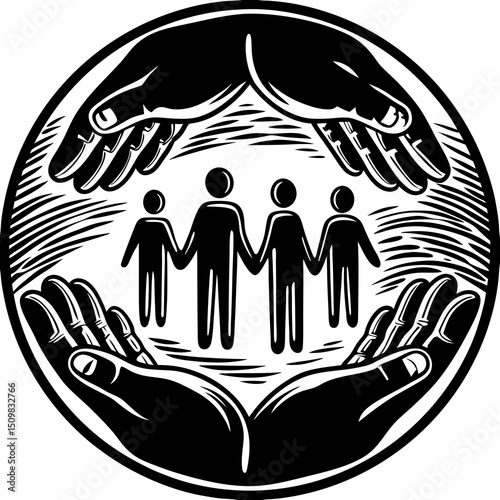 Family protected by caring hands in a circle, black and white vector