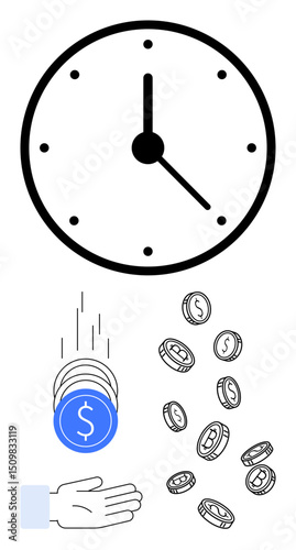 Clock showing time, coins falling into an outstretched hand, scattered coins nearby. Ideal for time management, finance, savings, investments, productivity, efficiency simple landing page