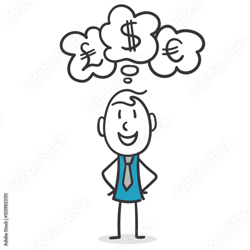 A cheerful businessman contemplating financial matters. Stickman Thinking About Money.