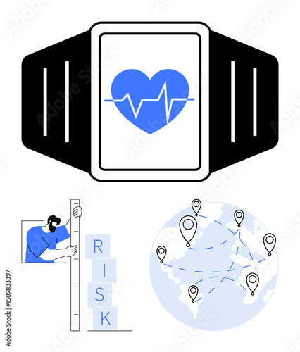Smartwatch displaying heart rate, person evaluating risk with blocks, globe mapping locations. Ideal for health monitoring, risk management, global tracking, lifestyle, safety, fitness simple
