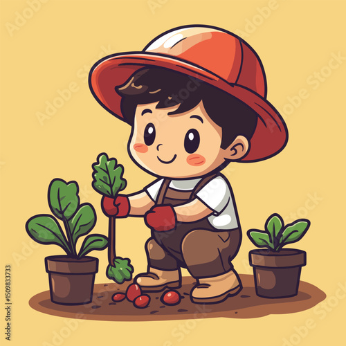 Cute Cartoon Gardener Planting Young Plants in Pots