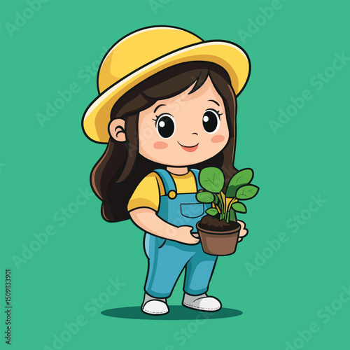 Cute Cartoon Girl Holding a Plant in a Pot