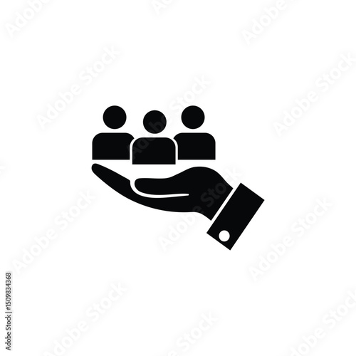 Hand holding three figures representing community and support in a minimalist icon style