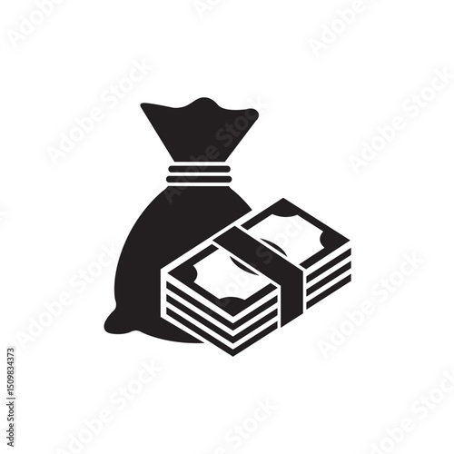 Icon depicting a money bag and stacked cash representing wealth and finance in a simplistic design