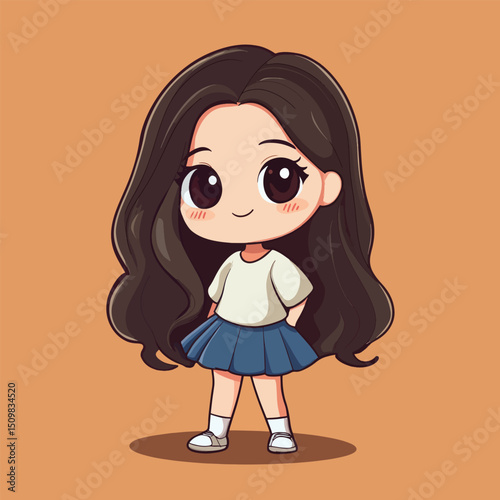 Cute Cartoon Girl in School Uniform with Long Hair