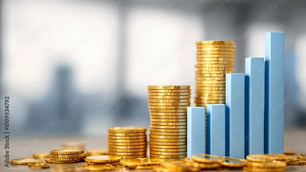 The image depicts a stack of coins with blue bar graphs rising behind them, illustrating financial growth or investment progress.