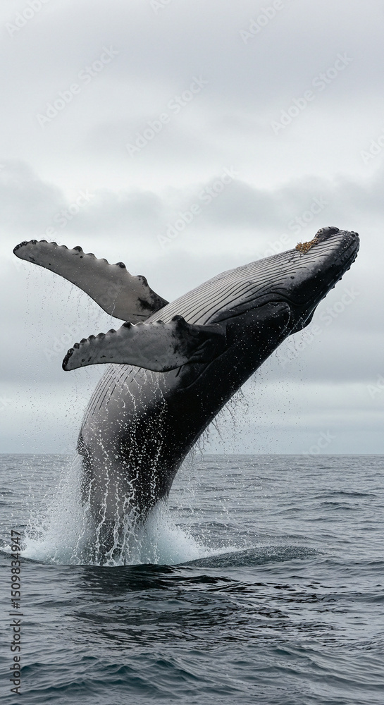 Naklejka premium Whale Breaching in Ocean Water Under Cloudy Sky