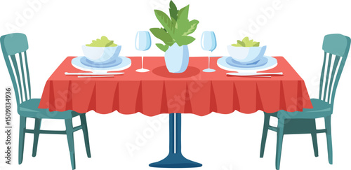 Dining table set for two with plates and glasses vector