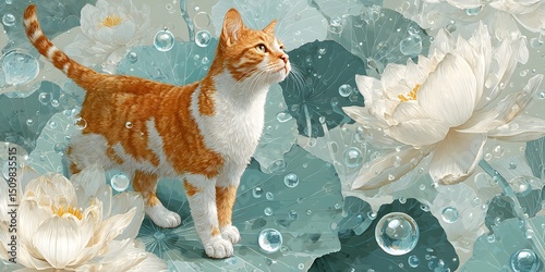 Lotus leaves and cats, summer