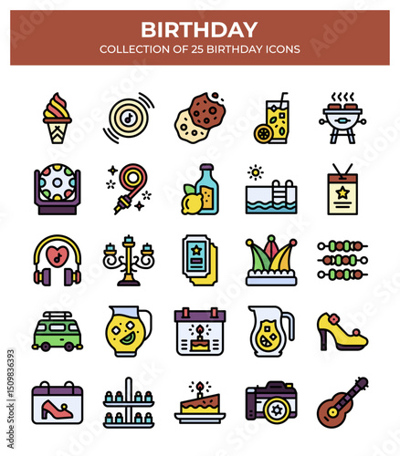 Birthday Icons Collection. 25 Colorful Party & Celebration Vector Icons