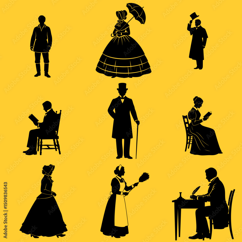     Pergunta respondida com sucesso

Victorian Era Silhouettes: Elegant Black Figures of Men and Women in 19th-Century Attire, Perfect for Historical and Period Designs 