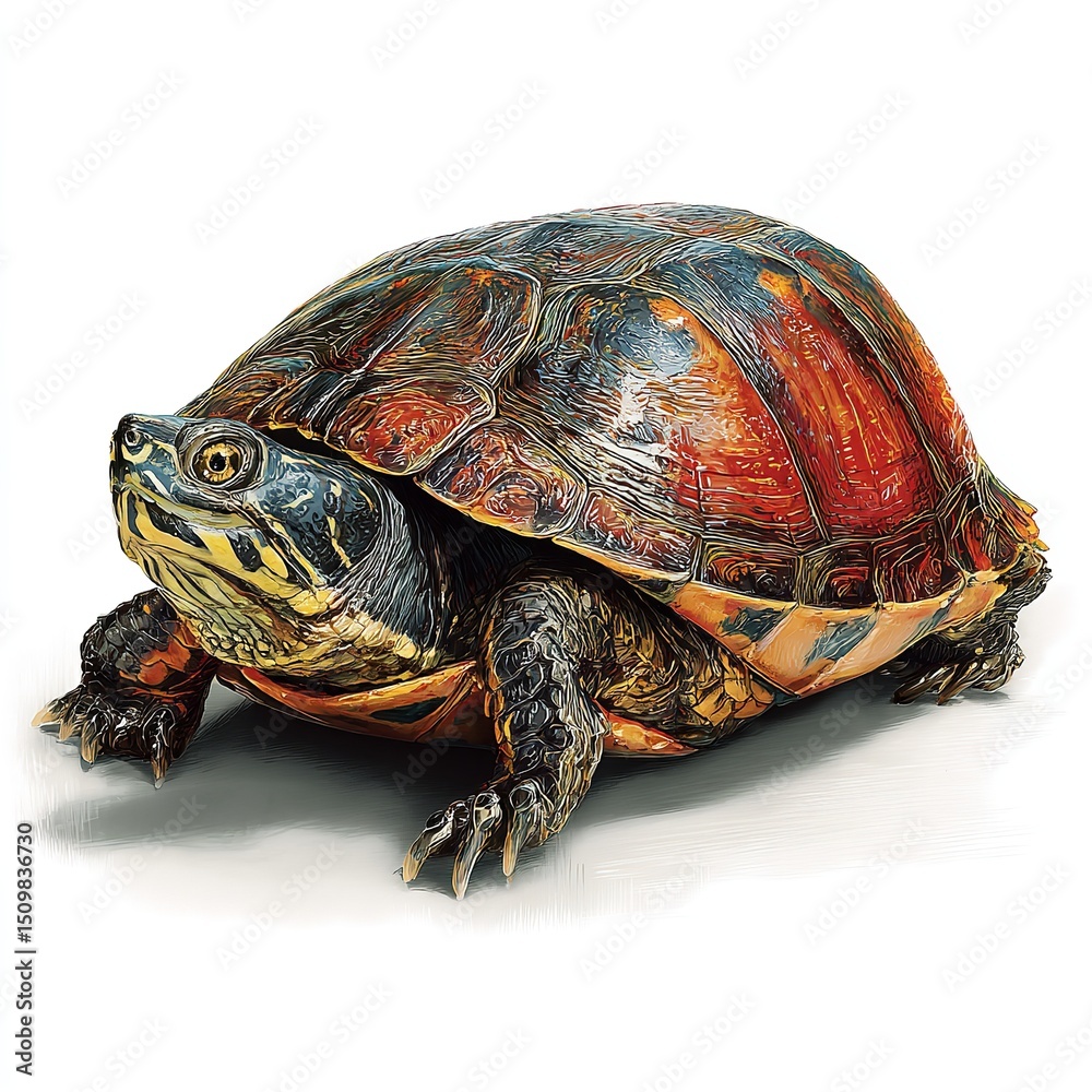 Fototapeta premium Isolated painted turtle close up reptile pet shell wildlife animal nature pond aquatic slow moving creature