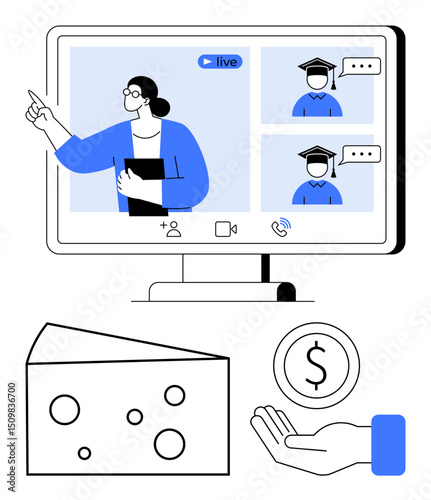 Online educator presenting during a live webinar with graduate students. Financial aid represented by money, hand, and cheese. Ideal for education, finance, e-learning, investment, training economy