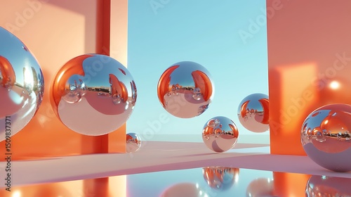 Reflective chrome spheres float within a geometric abstract composition