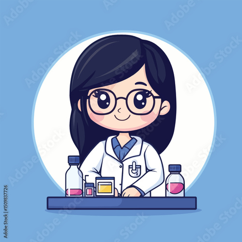 Cute Cartoon Scientist Girl in Lab Coat with Colorful Bottles