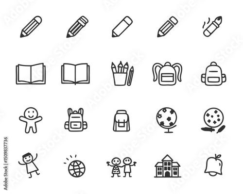 Back to school icons vector set education supplies and school objects in doodle style black and white