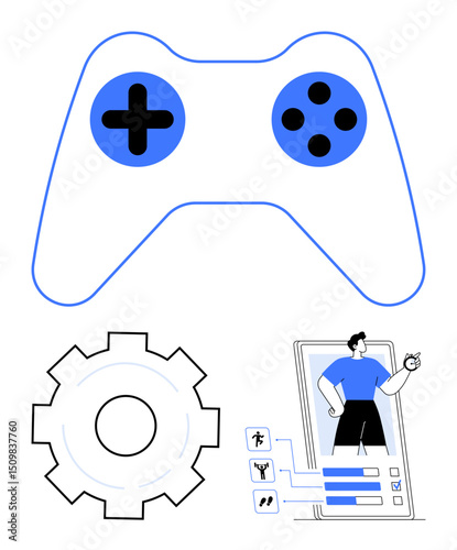 Gaming controller with buttons, gear symbol, and mobile interface displaying player stats and customization. Ideal for gaming, technology, development, innovation, user interface, entertainment