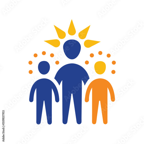 Illustrated icon depicting family unity parental care and children together with positive sunshine