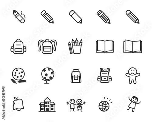 Back to school supplies vector icon set, education, learning, study, school, and teaching clip art design