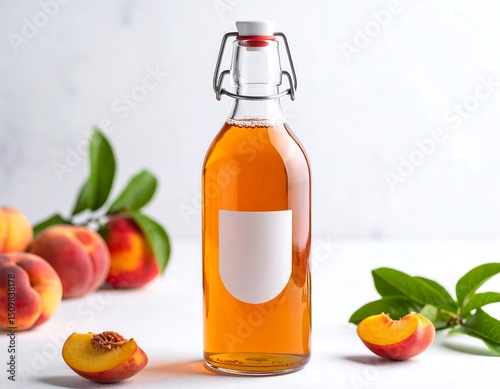 Peach infused beverage in glass bottle