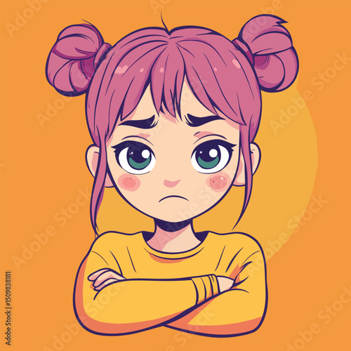 Displeased Anime Girl with Pink Buns and Yellow Sweater